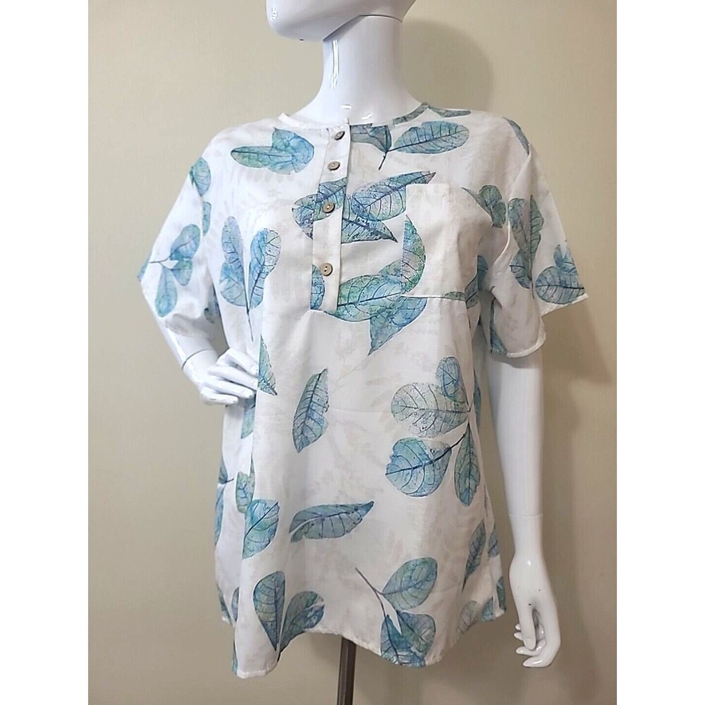 Womens Tropical Short Sleeve Shirt Half Button Up White Blue Green Leaves Large